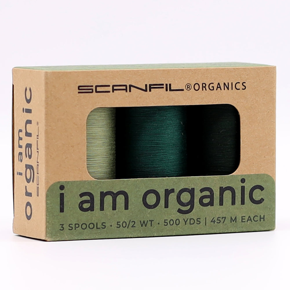 SCANFIL® 50wt Organic Pima Cotton Thread Trio Set - 3ct 500yd Spools - Foresty Greens - Full