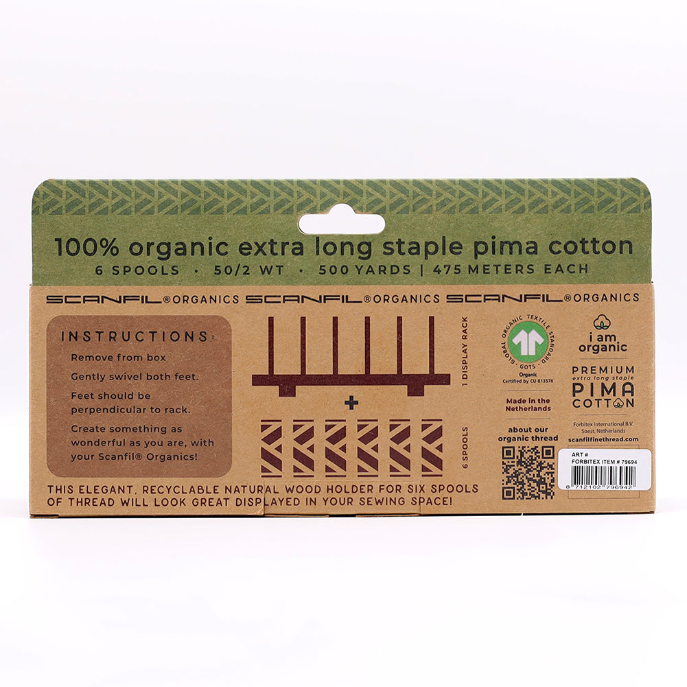 SCANFIL® 50wt Organic Pima Cotton Thread Set - 6ct 500yd Spools & Wood Rack - Neutrals Folded