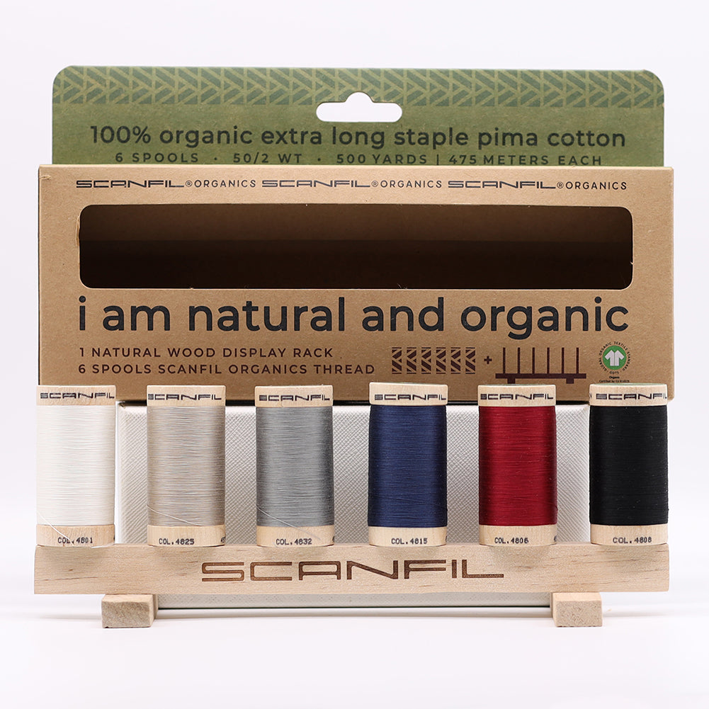 SCANFIL® 50wt Organic Pima Cotton Thread Set - 6ct 500yd Spools & Wood Rack - Neutrals Detail