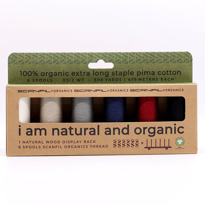 SCANFIL® 50wt Organic Pima Cotton Thread Set - 6ct 500yd Spools & Wood Rack - Neutrals Drape