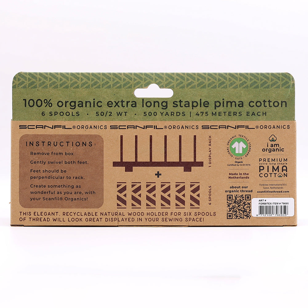 SCANFIL® 50wt Organic Pima Cotton Thread Set - 6ct 500yd Spools & Wood Rack - Pastels Folded