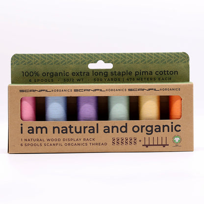 SCANFIL® 50wt Organic Pima Cotton Thread Set - 6ct 500yd Spools & Wood Rack - Pastels Drape