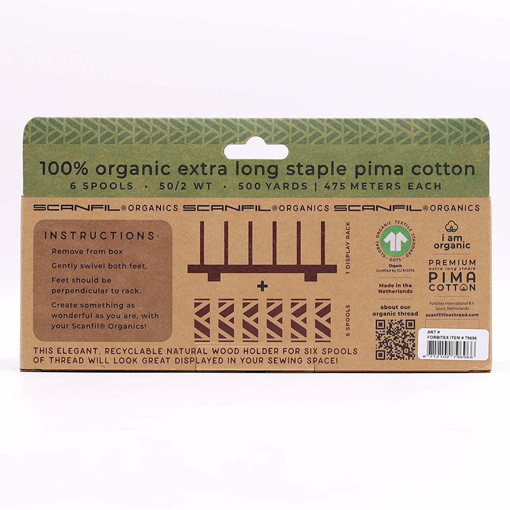 SCANFIL® 50wt Organic Pima Cotton Thread Set - 6ct 500yd Spools & Wood Rack - Jewel Tones - Folded