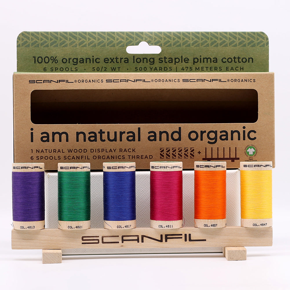 SCANFIL® 50wt Organic Pima Cotton Thread Set - 6ct 500yd Spools & Wood Rack - Jewel Tones - Detail