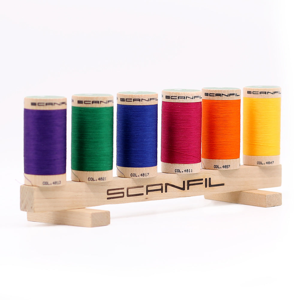 SCANFIL® 50wt Organic Pima Cotton Thread Set - 6ct 500yd Spools & Wood Rack - Jewel Tones - Packaged - Image 5 of 6