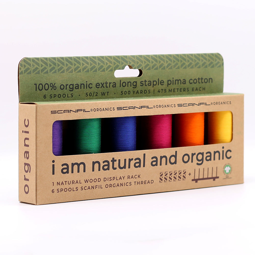 SCANFIL® 50wt Organic Pima Cotton Thread Set - 6ct 500yd Spools & Wood Rack - Jewel Tones - Packaged - Image 6 of 6