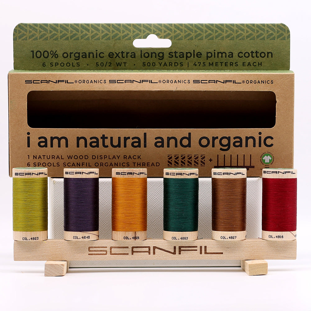SCANFIL® 50wt Organic Pima Cotton Thread Set - 6ct 500yd Spools & Wood Rack - Harvest Time - Detail