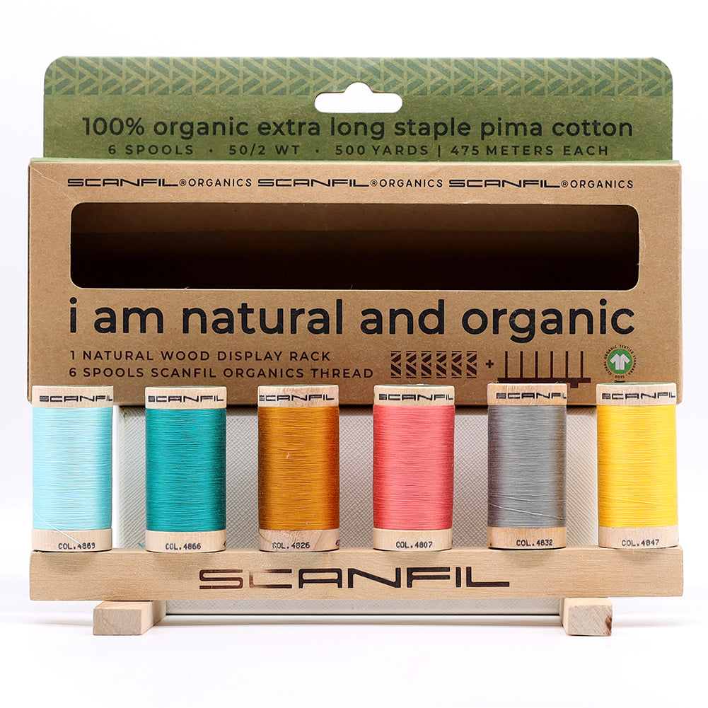 SCANFIL® 50wt Organic Pima Cotton Thread Set - 6ct 500yd Spools & Wood Rack - Fashion Mix Folded