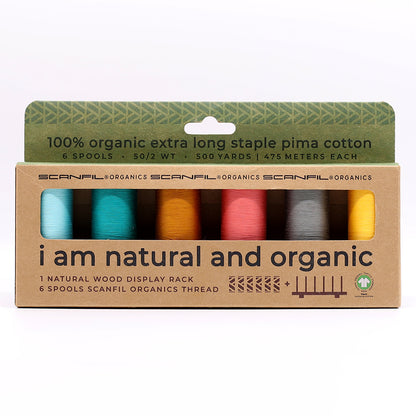 SCANFIL® 50wt Organic Pima Cotton Thread Set - 6ct 500yd Spools & Wood Rack - Fashion Mix