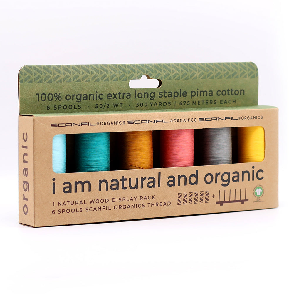 SCANFIL® 50wt Organic Pima Cotton Thread Set - 6ct 500yd Spools & Wood Rack - Fashion Mix - Package