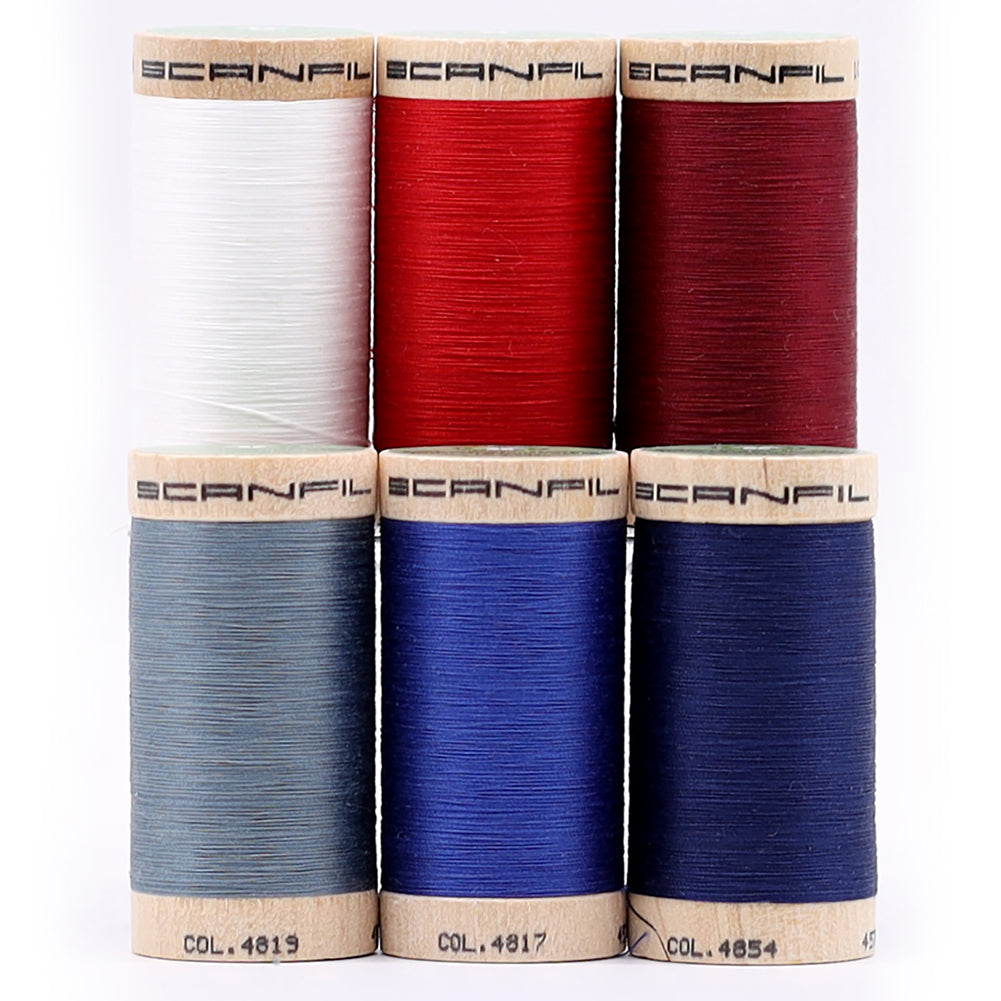 SCANFIL® 50wt Organic Pima Cotton Thread Set - 6ct 500yd Spools & Wood Rack - Patriotic Detail