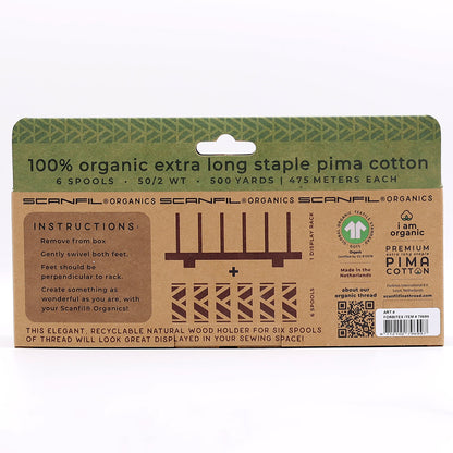 SCANFIL® 50wt Organic Pima Cotton Thread Set - 6ct 500yd Spools & Wood Rack - Patriotic Drape