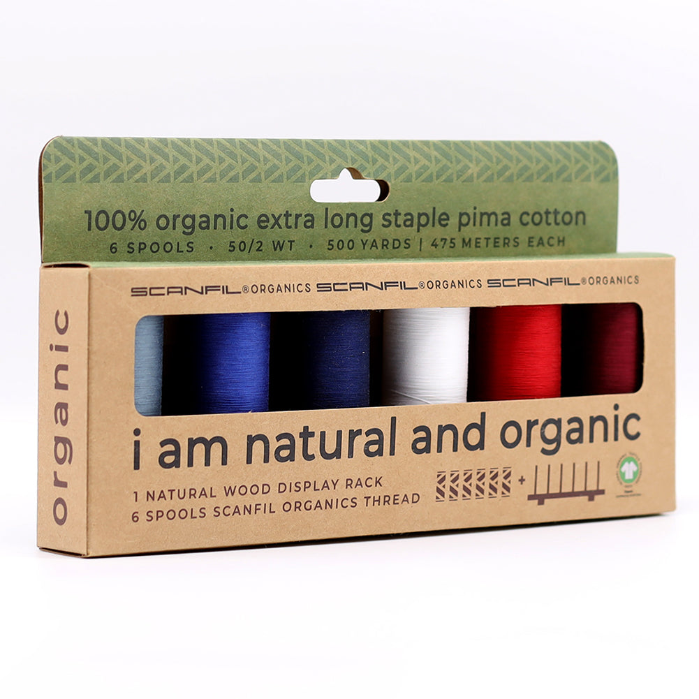 SCANFIL® 50wt Organic Pima Cotton Thread Set - 6ct 500yd Spools & Wood Rack - Patriotic - Packaged - Image 11 of 11
