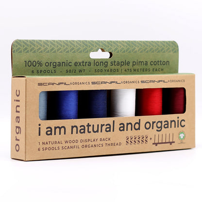 SCANFIL® 50wt Organic Pima Cotton Thread Set - 6ct 500yd Spools & Wood Rack - Patriotic - Package