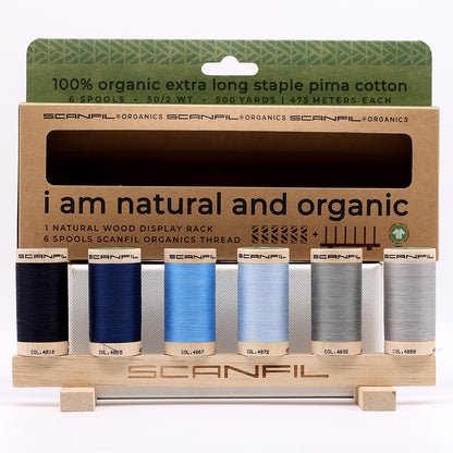 SCANFIL® 50wt Organic Pima Cotton Thread Set - 6ct 500yd Spools & Wood Rack - Frosty Winter Folded
