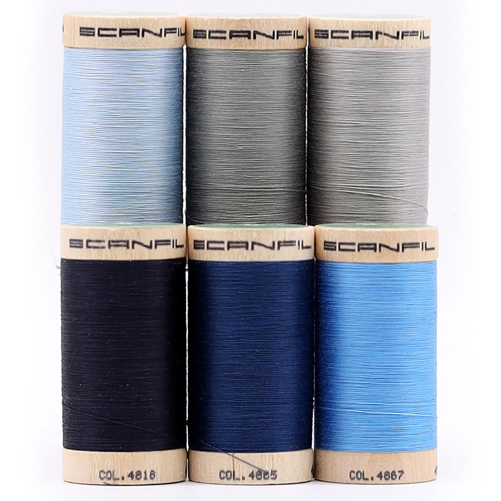 SCANFIL® 50wt Organic Pima Cotton Thread Set - 6ct 500yd Spools & Wood Rack - Frosty Winter Full