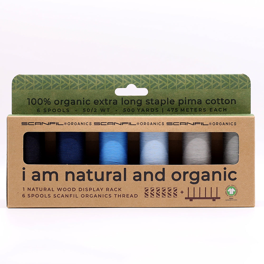 SCANFIL® 50wt Organic Pima Cotton Thread Set - 6ct 500yd Spools & Wood Rack - Frosty Winter Drape