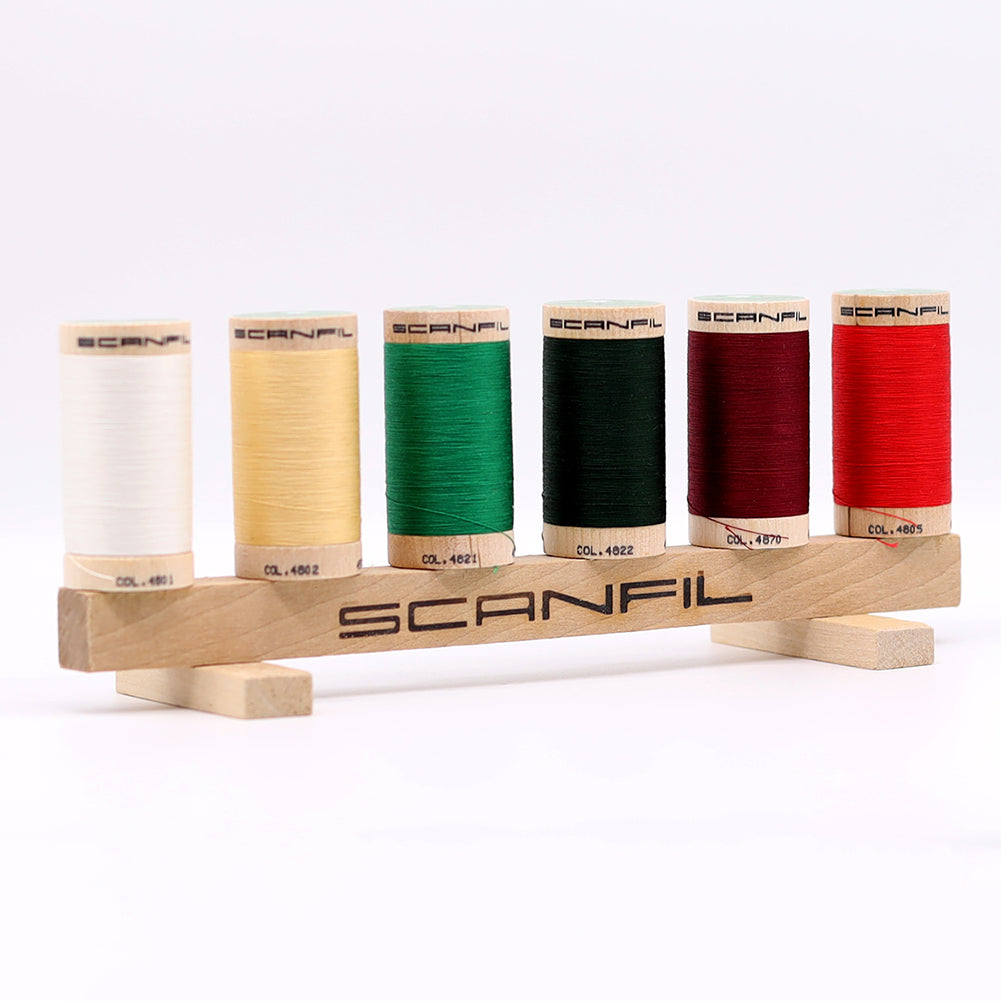 SCANFIL® 50wt Organic Pima Cotton Thread Set - 6ct 500yd Spools & Wood Rack - Holiday Traditions - Full