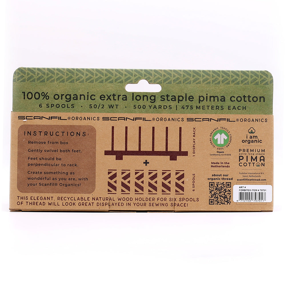 SCANFIL® 50wt Organic Pima Cotton Thread Set - 6ct 500yd Spools & Wood Rack - Holiday Traditions Drape