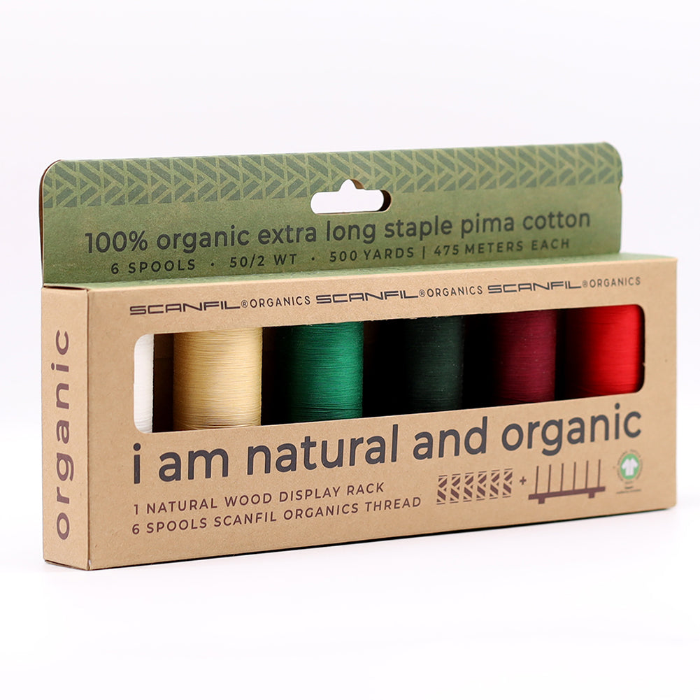 SCANFIL® 50wt Organic Pima Cotton Thread Set - 6ct 500yd Spools & Wood Rack - Holiday Traditions - Package