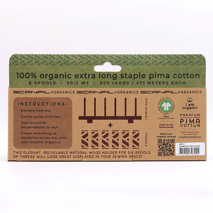 SCANFIL® 50wt Organic Pima Cotton Thread Set - 6ct 500yd Spools & Wood Rack - Trendy Holiday Drape