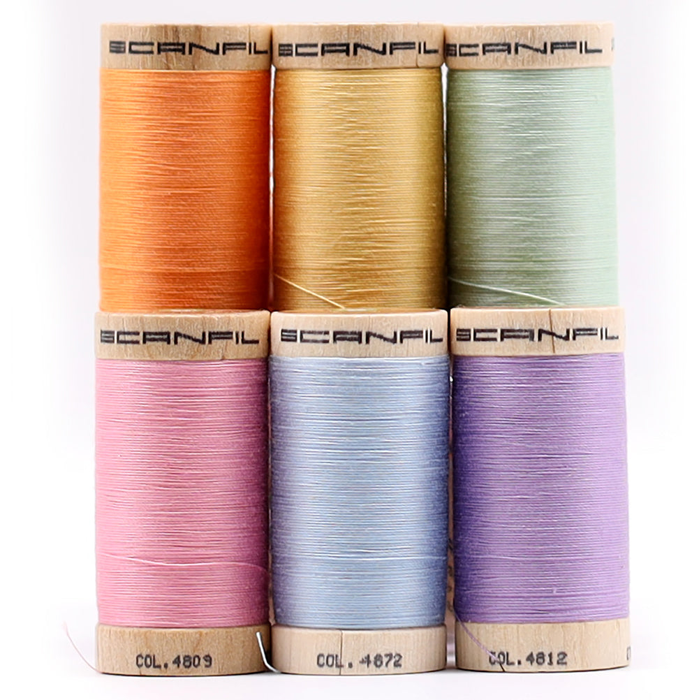 SCANFIL® 30wt Organic Pima Cotton Thread Set - 6ct 300yd Spools & Wood Rack - Pastels - Full