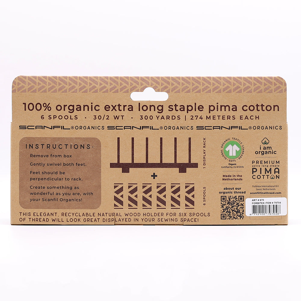SCANFIL® 30wt Organic Pima Cotton Thread Set - 6ct 300yd Spools & Wood Rack - Jewel Tones Folded