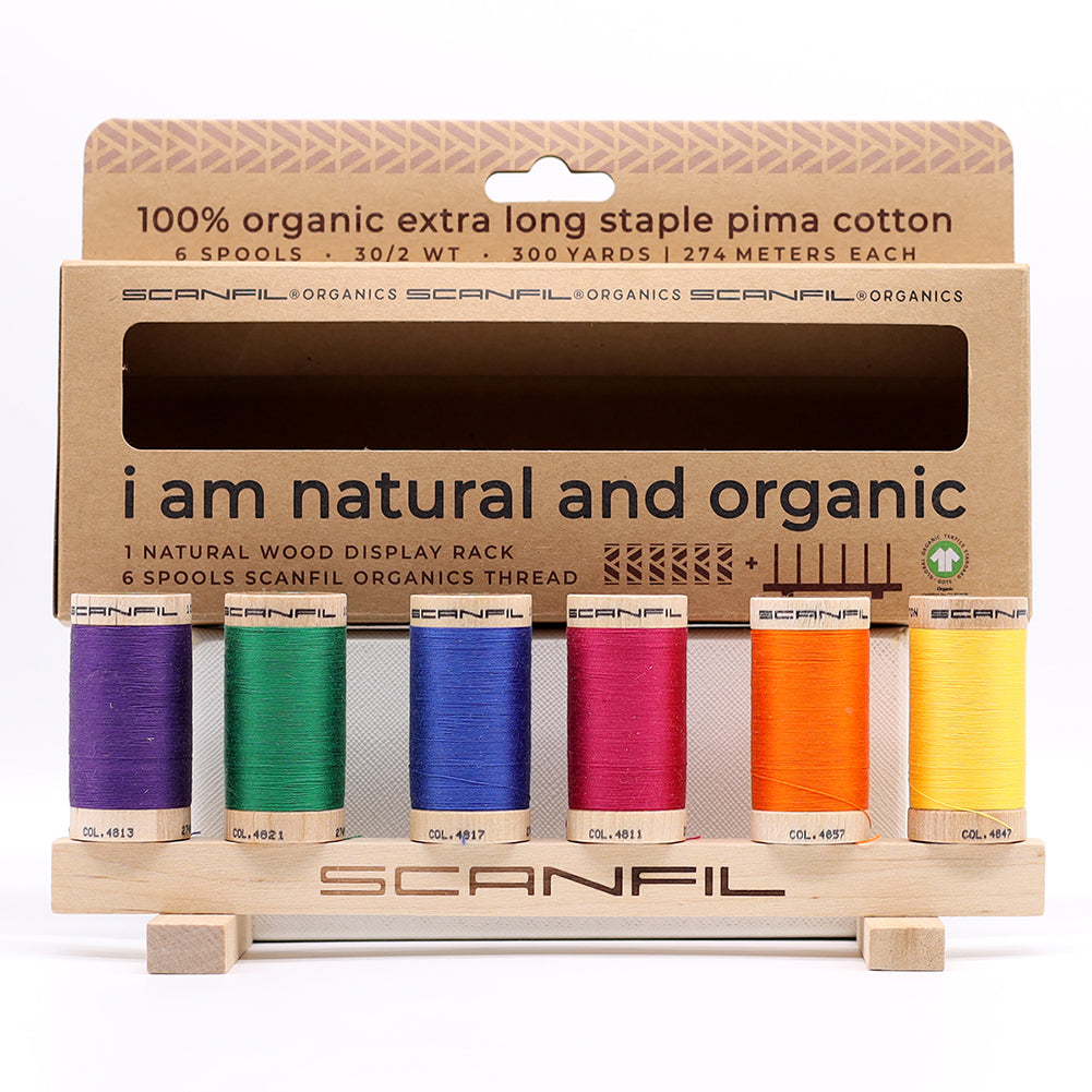 SCANFIL® 30wt Organic Pima Cotton Thread Set - 6ct 300yd Spools & Wood Rack - Jewel Tones Folded