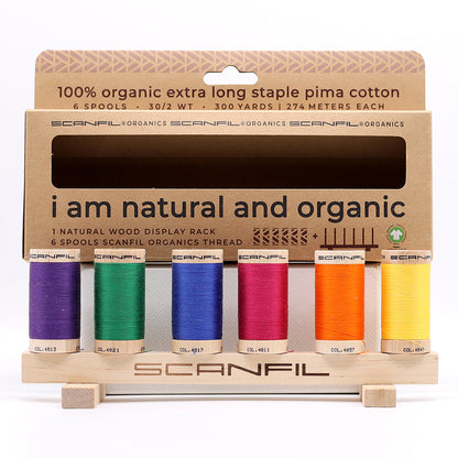 SCANFIL® 30wt Organic Pima Cotton Thread Set - 6ct 300yd Spools & Wood Rack - Jewel Tones Folded