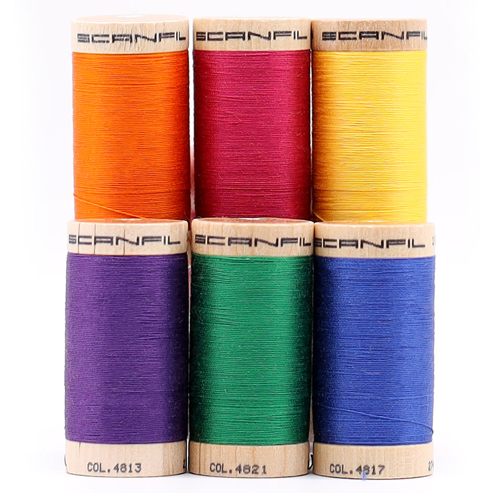 SCANFIL® 30wt Organic Pima Cotton Thread Set - 6ct 300yd Spools & Wood Rack - Jewel Tones Full