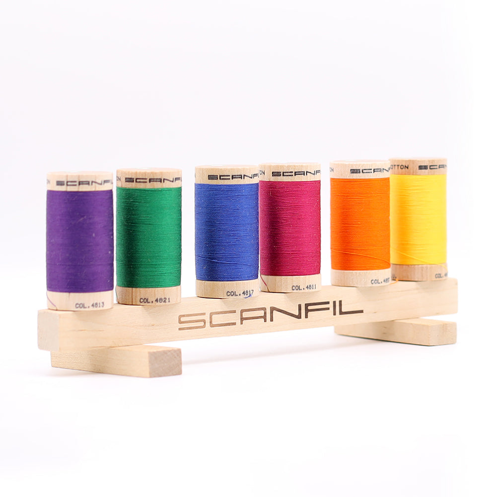 SCANFIL® 30wt Organic Pima Cotton Thread Set - 6ct 300yd Spools & Wood Rack - Jewel Tones - Full