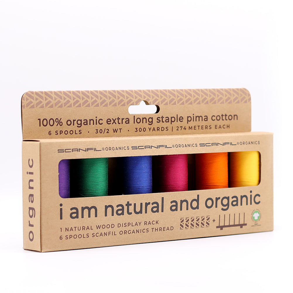 SCANFIL® 30wt Organic Pima Cotton Thread Set - 6ct 300yd Spools & Wood Rack - Jewel Tones - Package