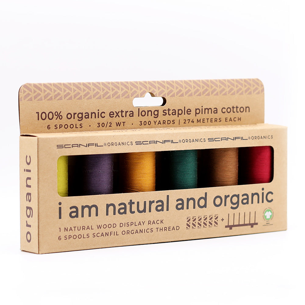 SCANFIL® 30wt Organic Pima Cotton Thread Set - 6ct 300yd Spools & Wood Rack - Harvest Time - Package