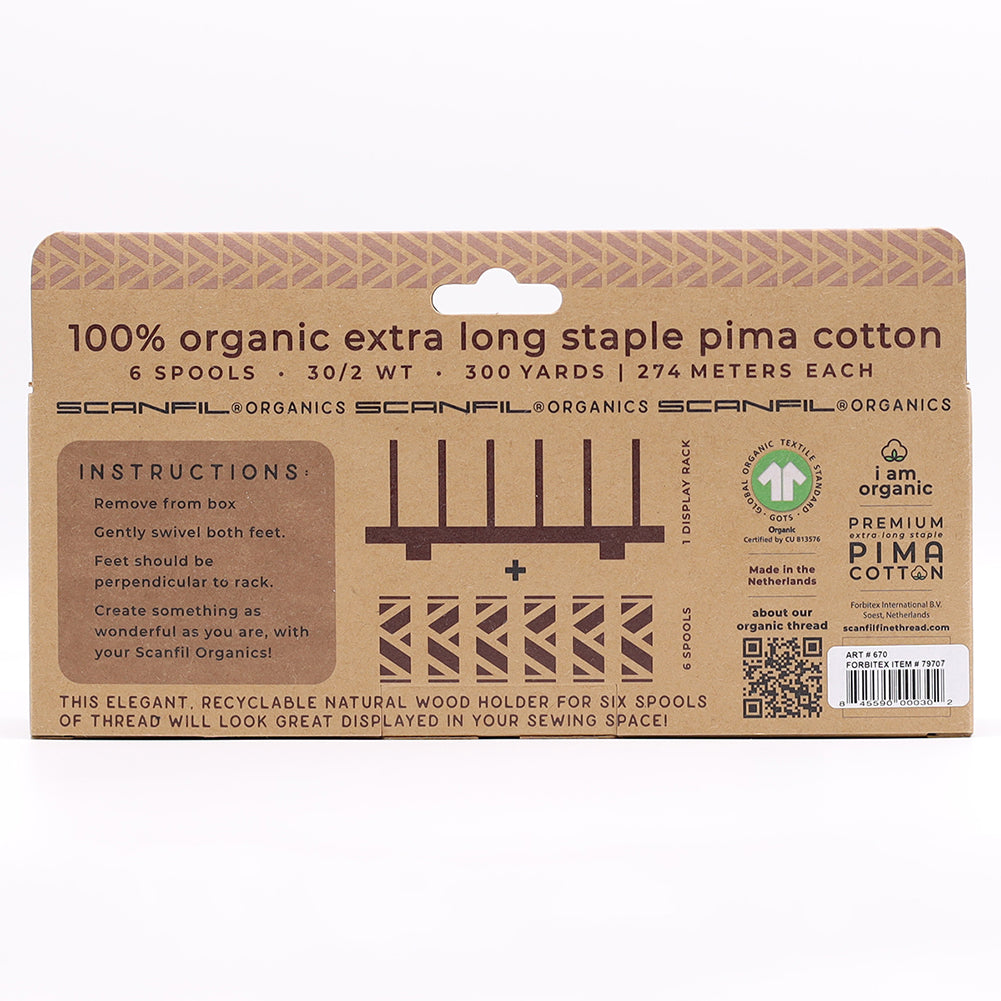 SCANFIL® 30wt Organic Pima Cotton Thread Set - 6ct 300yd Spools & Wood Rack - Patriotic - Folded