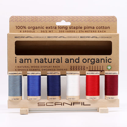 SCANFIL® 30wt Organic Pima Cotton Thread Set - 6ct 300yd Spools & Wood Rack - Patriotic Folded