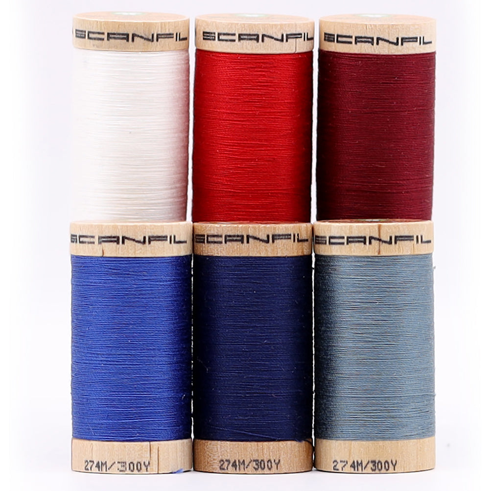 SCANFIL® 30wt Organic Pima Cotton Thread Set - 6ct 300yd Spools & Wood Rack - Patriotic Detail