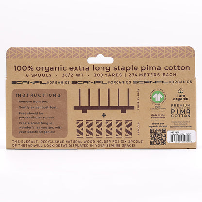 SCANFIL® 30wt Organic Pima Cotton Thread Set - 6ct 300yd Spools & Wood Rack - Patriotic Drape