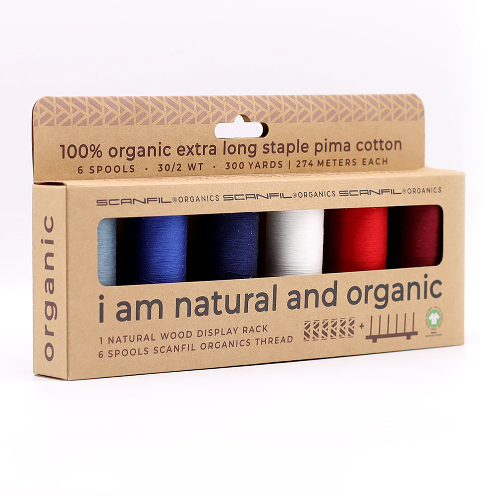 SCANFIL® 30wt Organic Pima Cotton Thread Set - 6ct 300yd Spools & Wood Rack - Patriotic - Packaged - Image 11 of 11