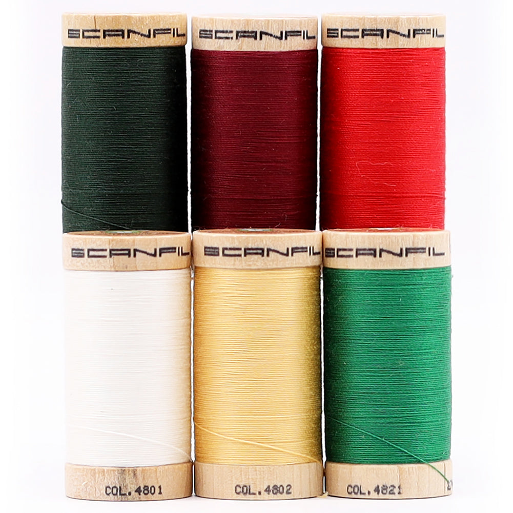 SCANFIL® 30wt Organic Pima Cotton Thread Set - 6ct 300yd Spools & Wood Rack - Holiday Traditions Full