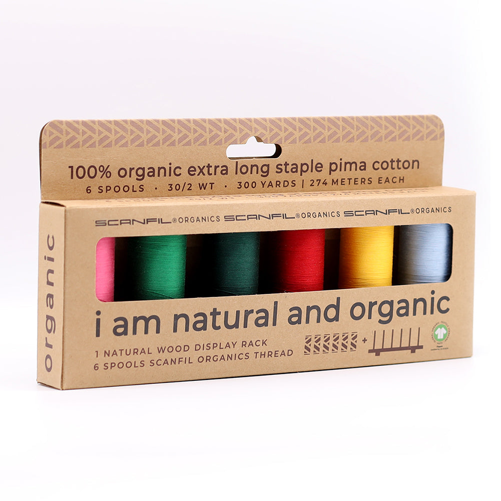 SCANFIL® 30wt Organic Pima Cotton Thread Set - 6ct 300yd Spools & Wood Rack - Trendy Holiday - Package