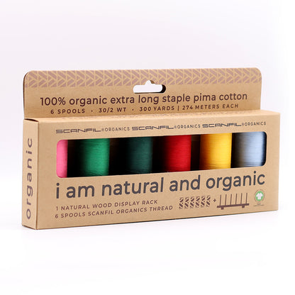 SCANFIL® 30wt Organic Pima Cotton Thread Set - 6ct 300yd Spools & Wood Rack - Trendy Holiday - Package