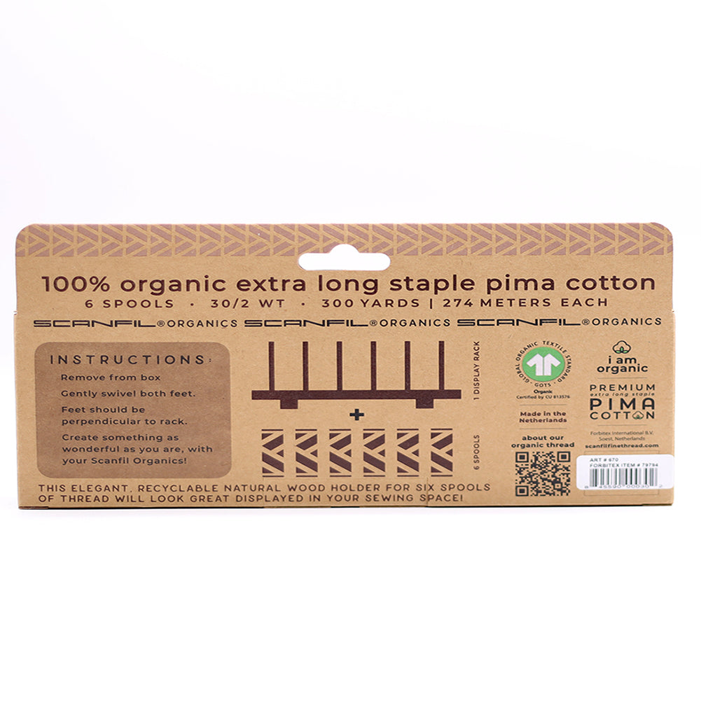 SCANFIL® 30wt Organic Pima Cotton Thread Set - 6ct 300yd Spools & Wood Rack - Neutrals - Folded