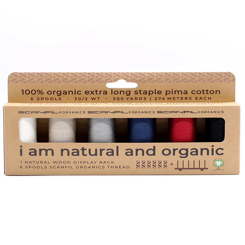SCANFIL® 30wt Organic Pima Cotton Thread Set - 6ct 300yd Spools & Wood Rack - Neutrals - Drape