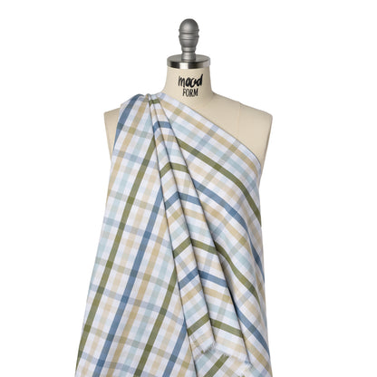 Cotton Oxford Shirting - Blue, Olive Green and Beige Plaid - Deadstock