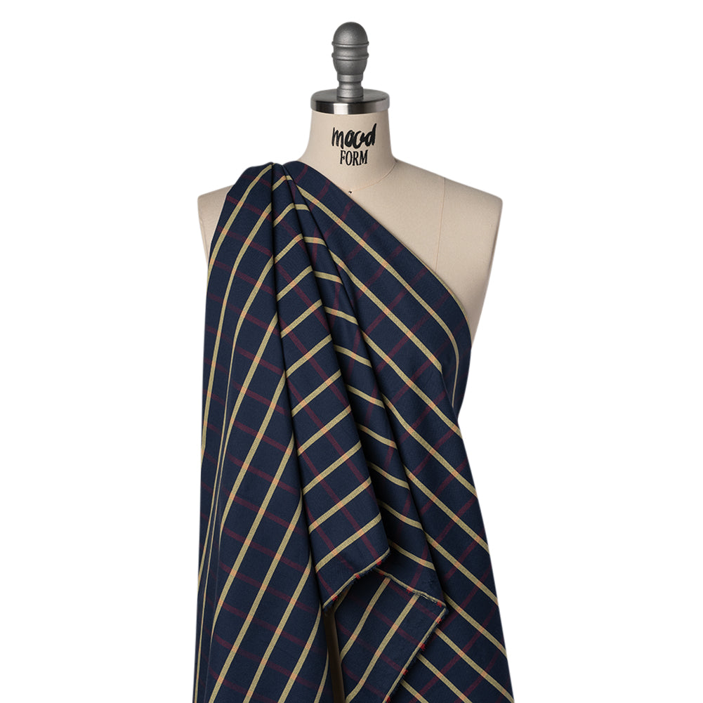 Cotton Oxford Shirting - Navy Blue, Red and Banana Yellow Windowpane Checks - Deadstock Drape