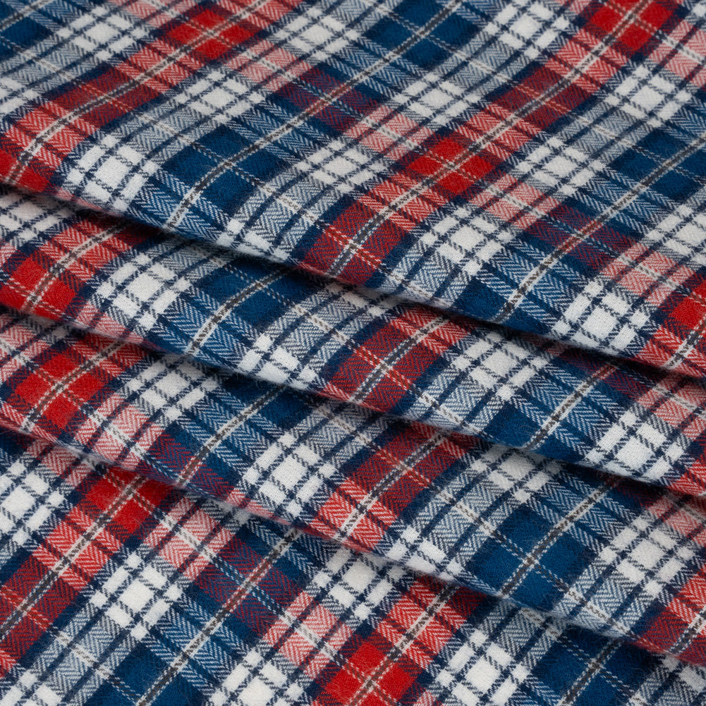 Brushed Cotton Herringbone Twill Shirting - Red, White and Blue Plaid - Deadstock Folded
