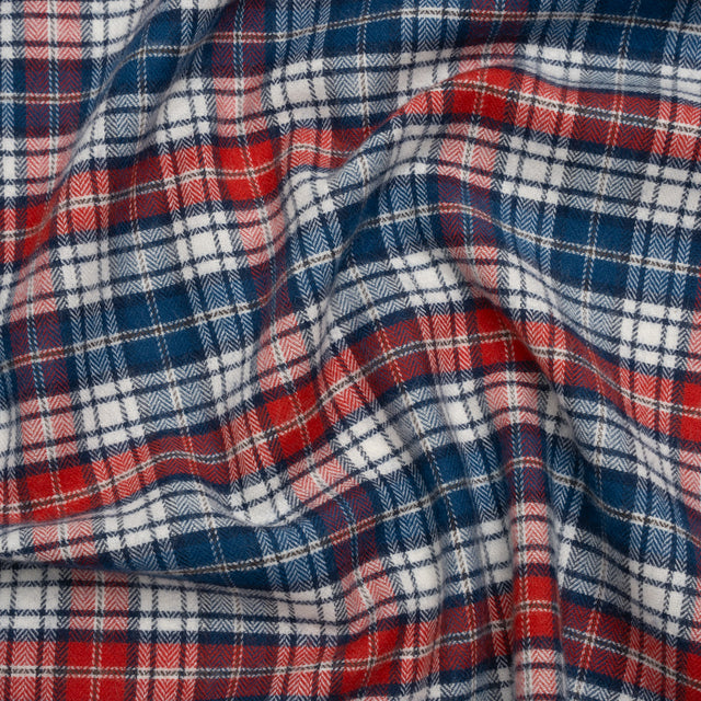 Brushed Cotton Herringbone Twill Shirting - Red, White and Blue Plaid - Deadstock