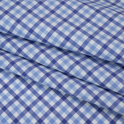 Cotton Twill Shirting - Cobalt, Sky Blue and White Tattersall Check - Designer Deadstock
