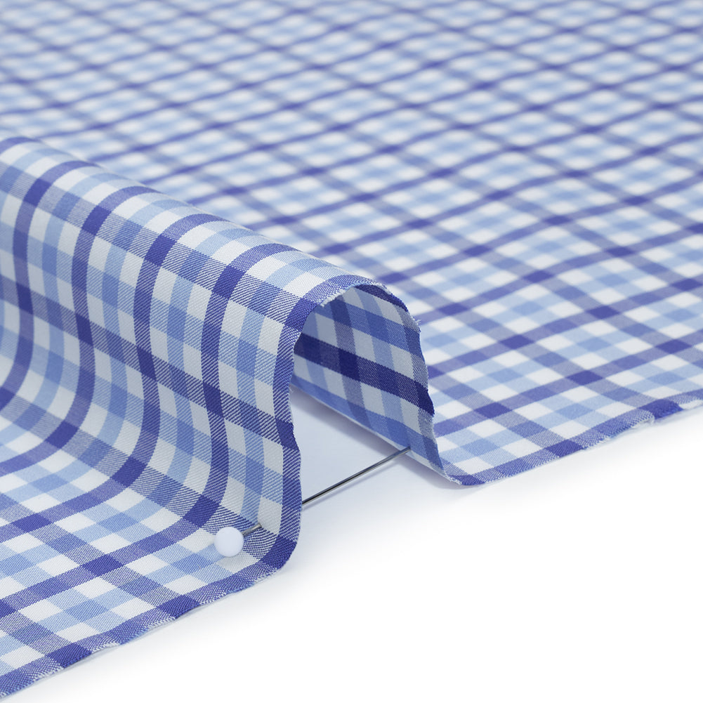 Cotton Twill Shirting - Cobalt, Sky Blue and White Tattersall Check - Designer Deadstock