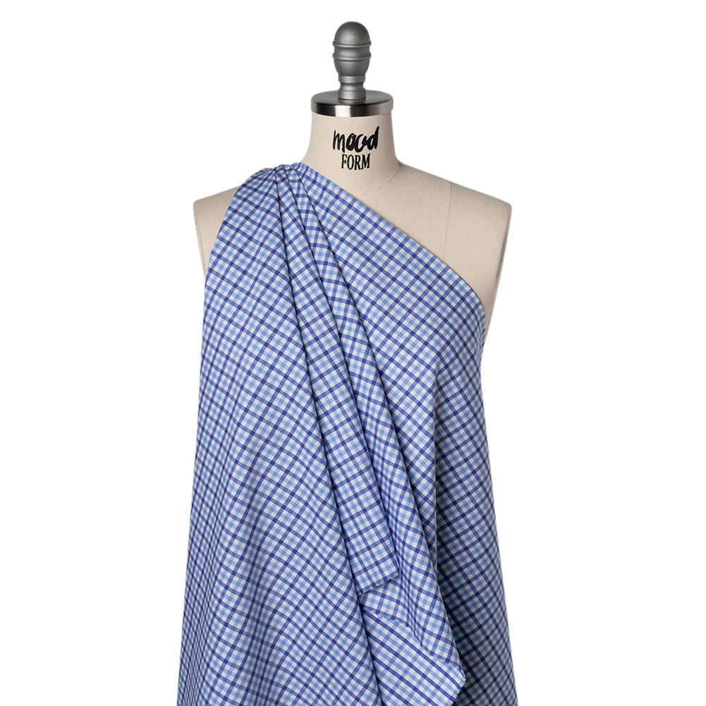 Cotton Twill Shirting - Cobalt, Sky Blue and White Tattersall Check - Designer Deadstock